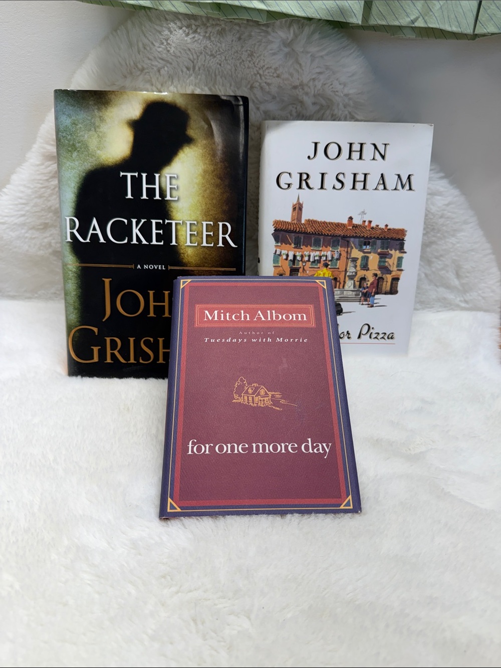 The Racketeer, Playing for Pizza by John Grisham, For One More Day by MitchAlbom